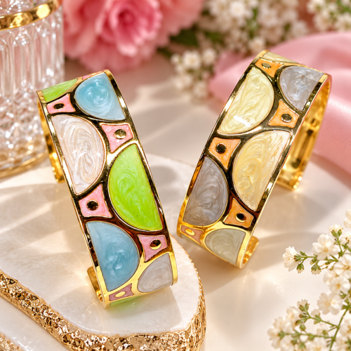 18k gold coloured stainless steel Vintage-Style Mosaic Enamel Cuff Bangle