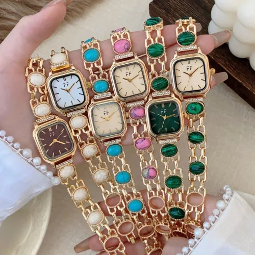 FF Watch Luxury Women's Golden Chain Bracelet Watch – Elegant Stone Design (Multiple Colors)