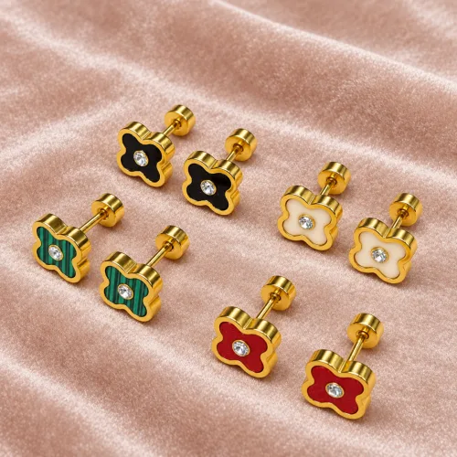 SS screw earrings clover 4 flower stone design 12 pair set