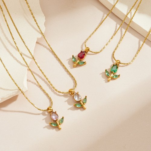 Stainless Steel Mini Tulip Necklace Colorful Stone