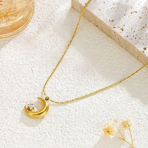 18K Gold Titanium Steel Moon Necklace