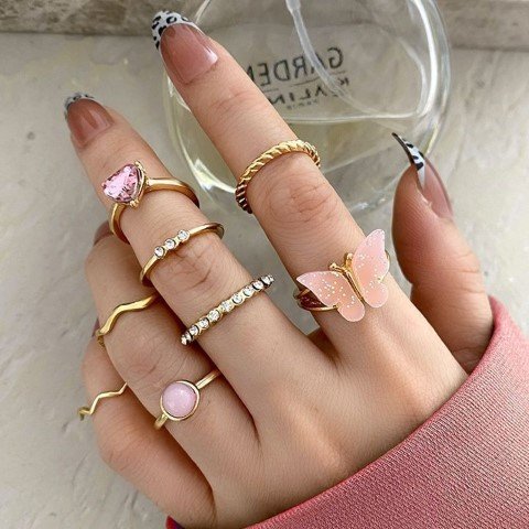 8 Piece Pink Butterfly Ring Set-RGS_E9