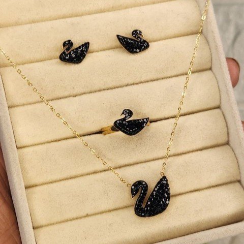 18K Gold Titanium Steel Swan Necklace 3Pcs Set